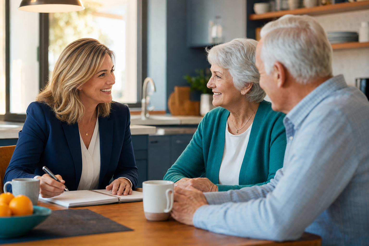 A Medicare advisor talking through options with a senior couple at their kitchen table